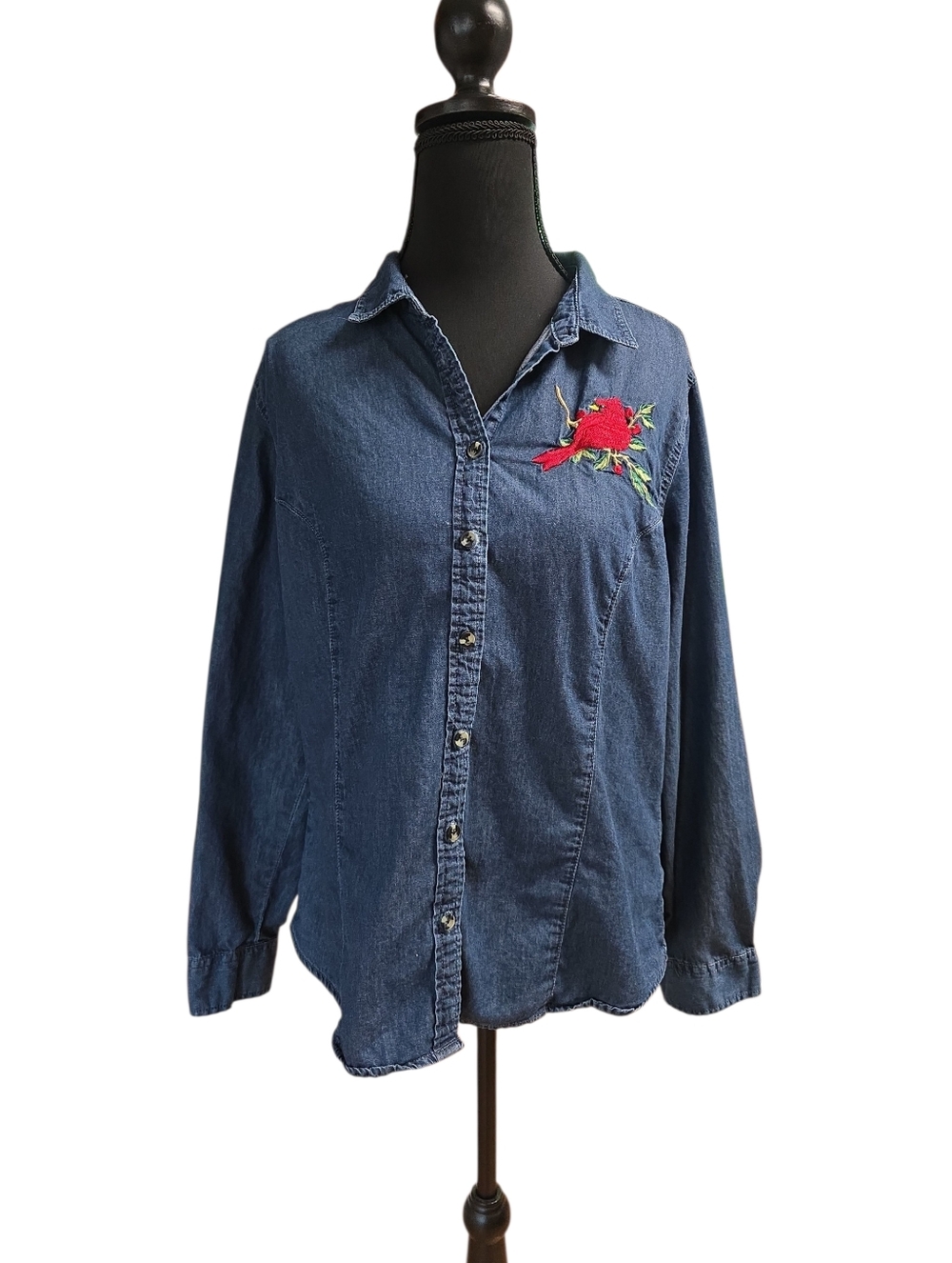 Trilogy Grandmacore Long Sleeve Blue Denim Button Up  Embroidered Cardinal L